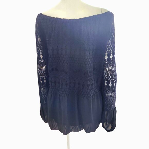 Melissa Paige Black Crochet Lace Chiffon Whimsigoth Boho Peasant Bubble Hem XLP - Picture 2 of 9